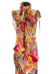 Gorgeous Spring 2005 Christian Dior by John Galliano Silk Print Dress w Flowered Edge Scarf