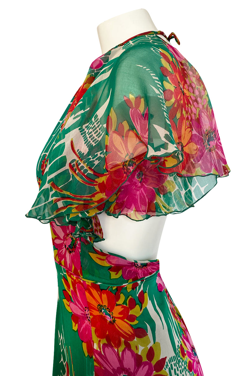 Documented 1973 Scott Barrie Pink & Green Floral Backless Silk Chiffon Dress