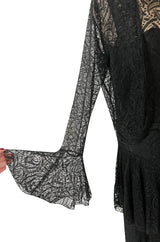 Light as Air Late 1920s Unlabeled Fine Black Lace Dress w Matching Jacket & Rhinestone BuckleBelt