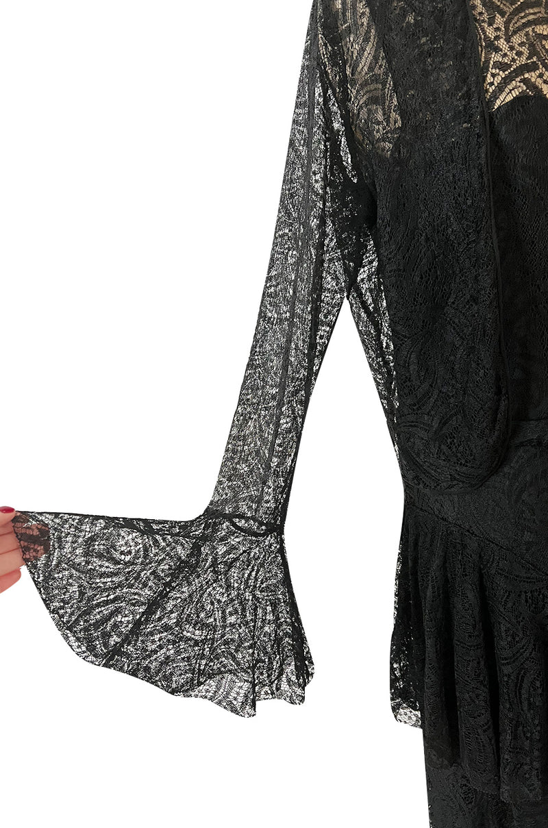 Light as Air Late 1920s Unlabeled Fine Black Lace Dress w Matching Jacket & Rhinestone BuckleBelt