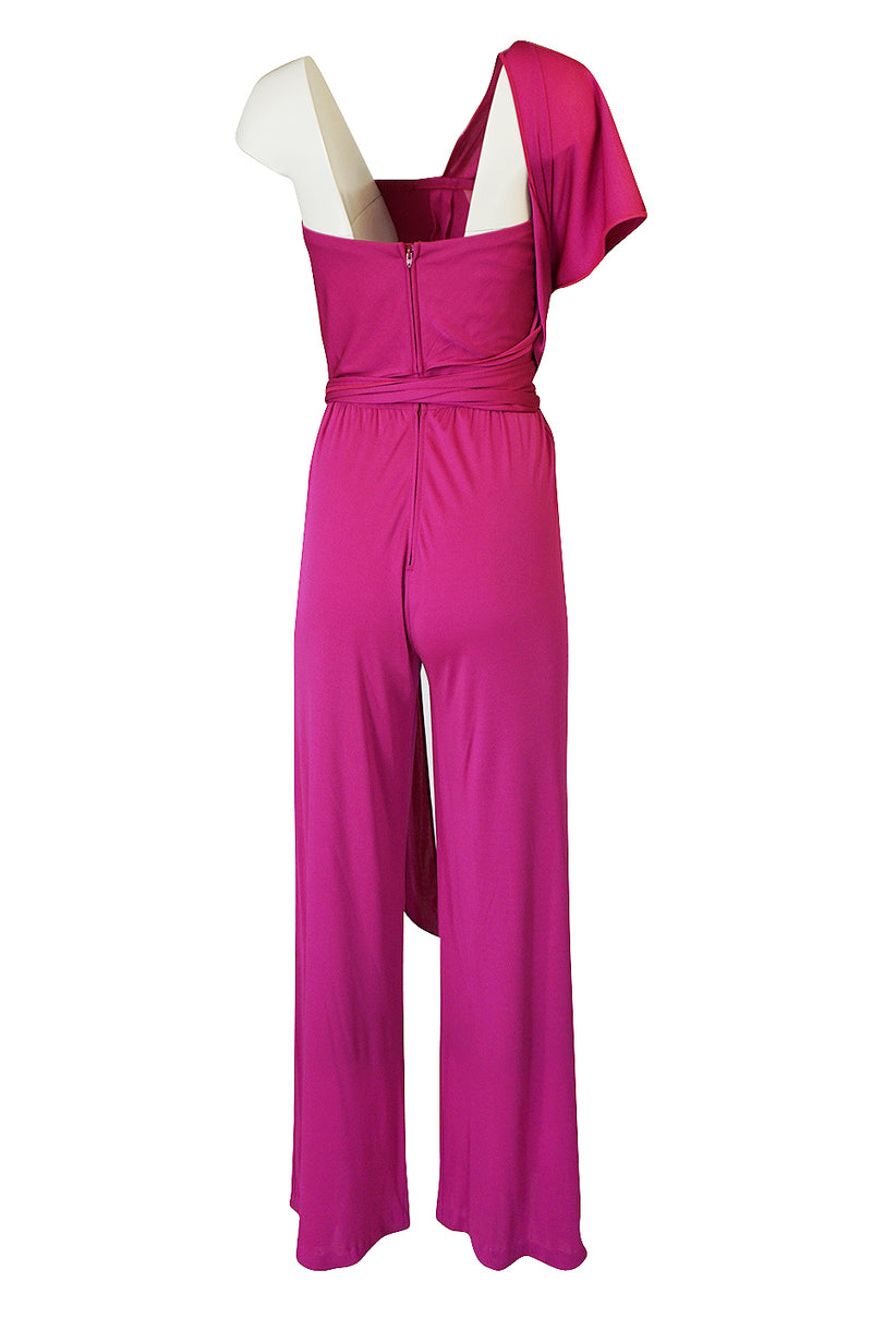 1970s Scott Barrie Multi Wrap Bodice Pink Silk Jersey Jumpsuit