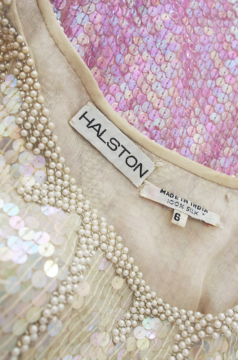1983 Pink & Cream Halston Sequin Sheath Dress
