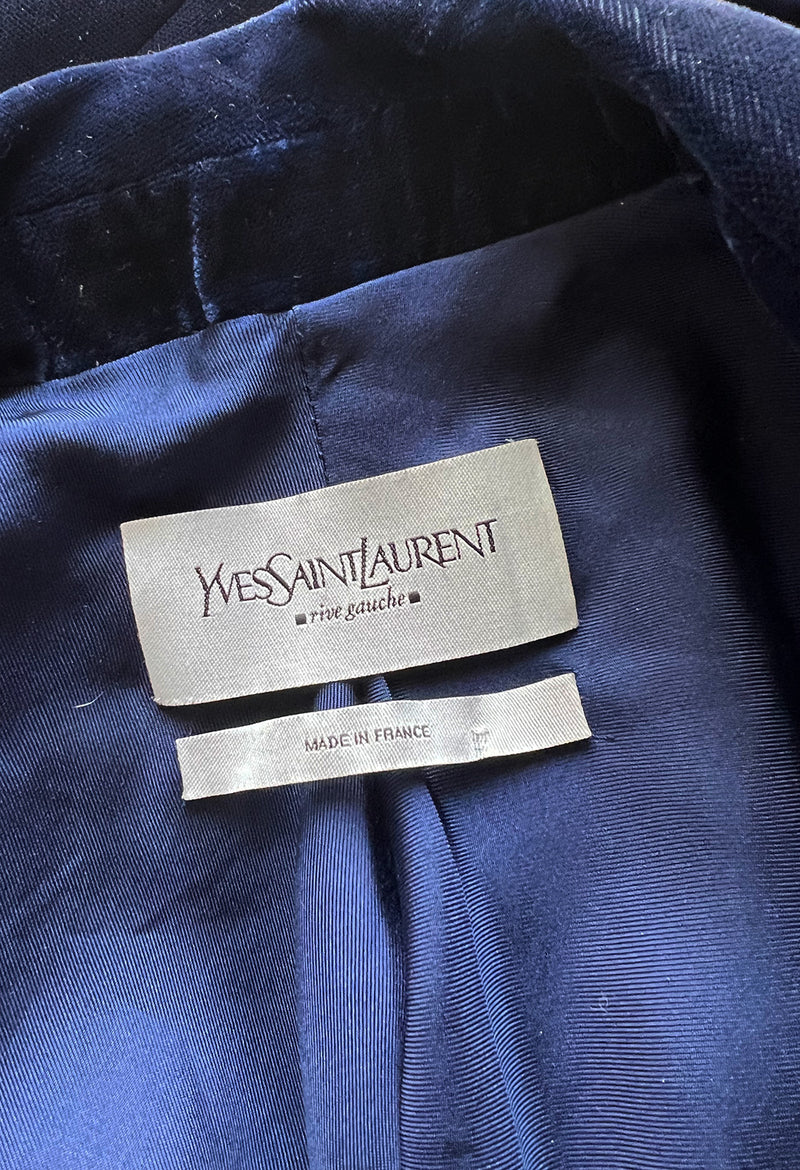 Runway Fall 2002 Yves Saint Laurent Blue Velvet Jacket w Long Sleeves & Tuxedo Collar