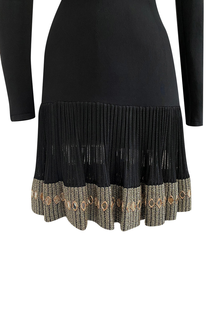 Early 1990s Azzedine Alaia Black Knit Couture Dress w Beaded Hem & Hand Placed Mirrors