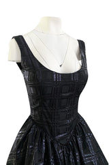 Early 1980s Nina Ricci Black Silk Metallic Lame Full Skirted Low Back Dress