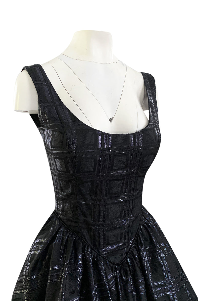 Early 1980s Nina Ricci Black Silk Metallic Lame Full Skirted Low Back Dress