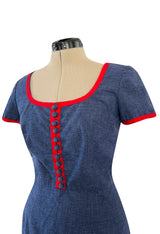Cutest 1970s Oscar De La Renta Denim Look Cotton Playsuit w Red Braid Trim