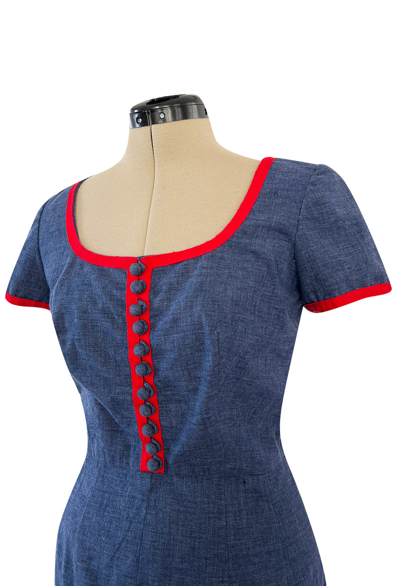 Cutest 1970s Oscar De La Renta Denim Look Cotton Playsuit w Red Braid Trim
