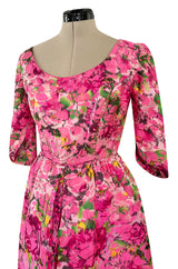 Gorgeous 1960s Jean Louis Pink w Green Floral Raised Silk Brocade Midi Dress