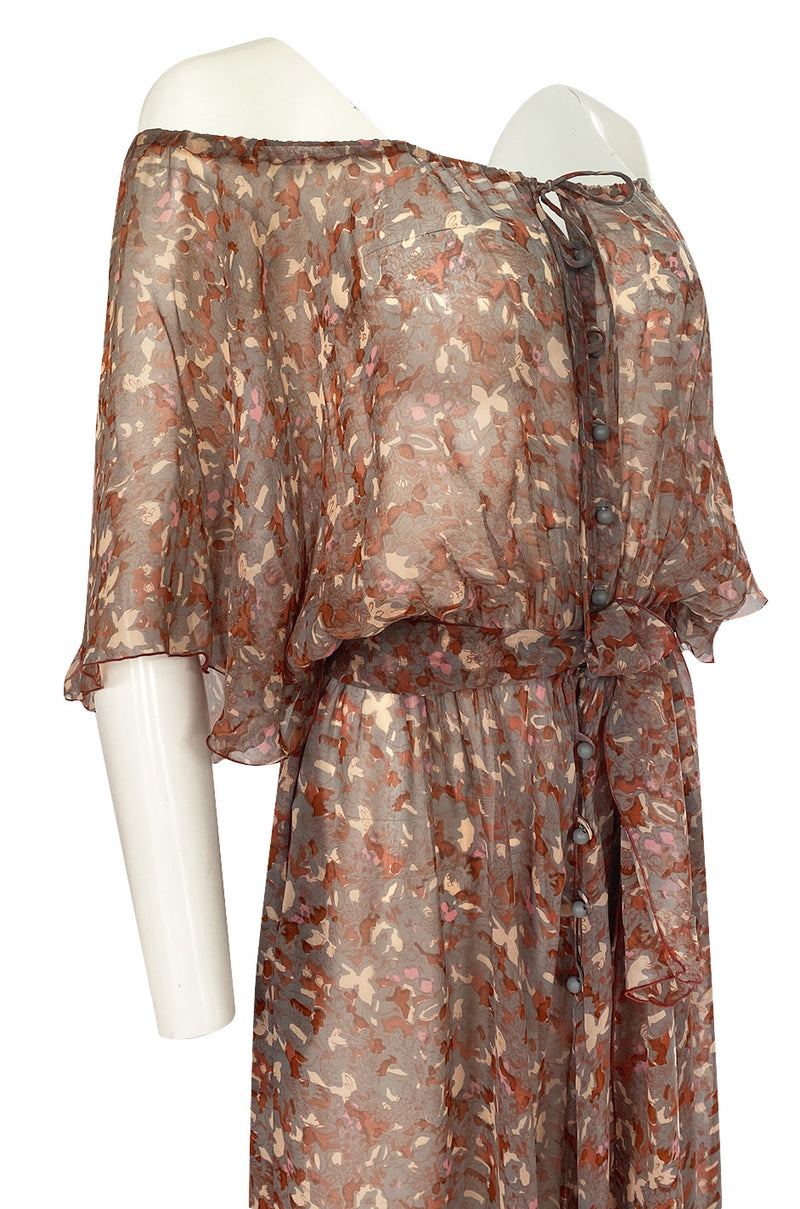 1970s Scott Barrie Off Shoulder Taupe Print Silk Chiffon Midi Dress