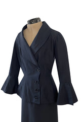 Stunning 1950s Jacques Fath Deep Navy Blue Silk Button Vent & Side Button Jacket Suit