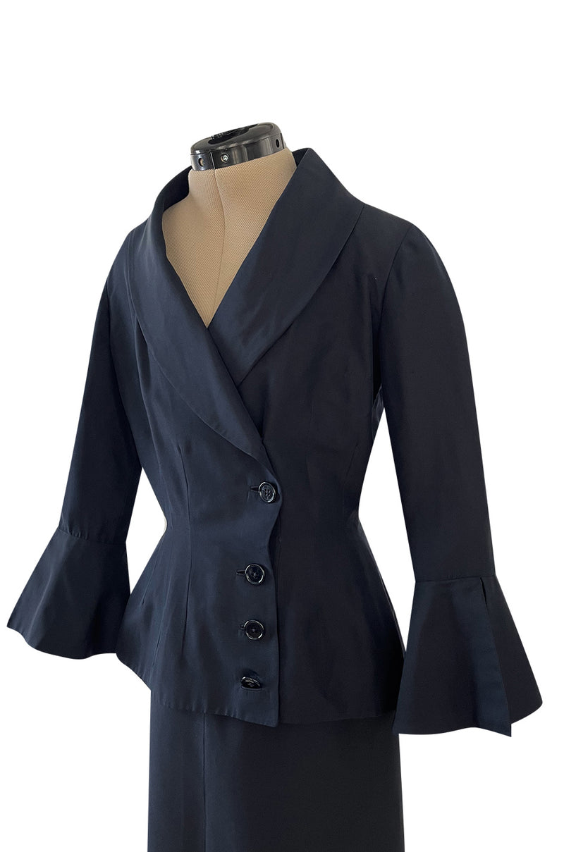Stunning 1950s Jacques Fath Deep Navy Blue Silk Button Vent & Side Button Jacket Suit
