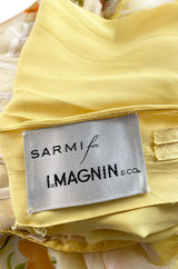 1961 Ferdinando Sarmi Strapless Yellow Floral Print Silk Chiffon Dress w Front Bow Detail