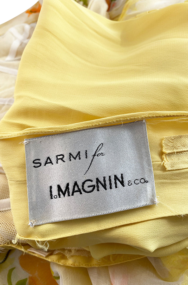 1961 Ferdinando Sarmi Strapless Yellow Floral Print Silk Chiffon Dress w Front Bow Detail