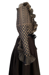Incredible 1980s Unlabeled Haute Couture Silk Net & Brown Silk Taffeta Plunge Front Dress