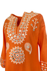 1960s Hand Applied Cord & Mirror Detailed Orange Cotton Caftan Dress