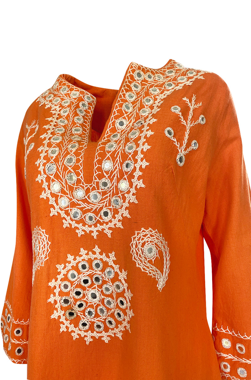 1960s Hand Applied Cord & Mirror Detailed Orange Cotton Caftan Dress