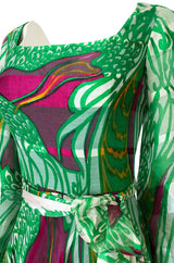 1970s Brilliant Green w Bright Pink Accents Printed Ribbon Silk Chiffon Full Length Maxi Dress
