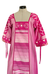 1960s Josefa Hand Made Mexico Pink Caftan Dress w Embroidery & Ribbon Details