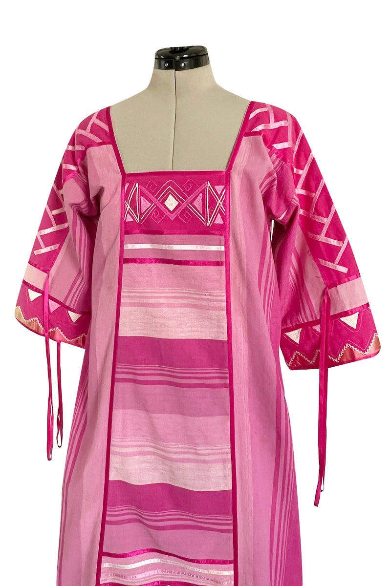 1960s Josefa Hand Made Mexico Pink Caftan Dress w Embroidery & Ribbon Details