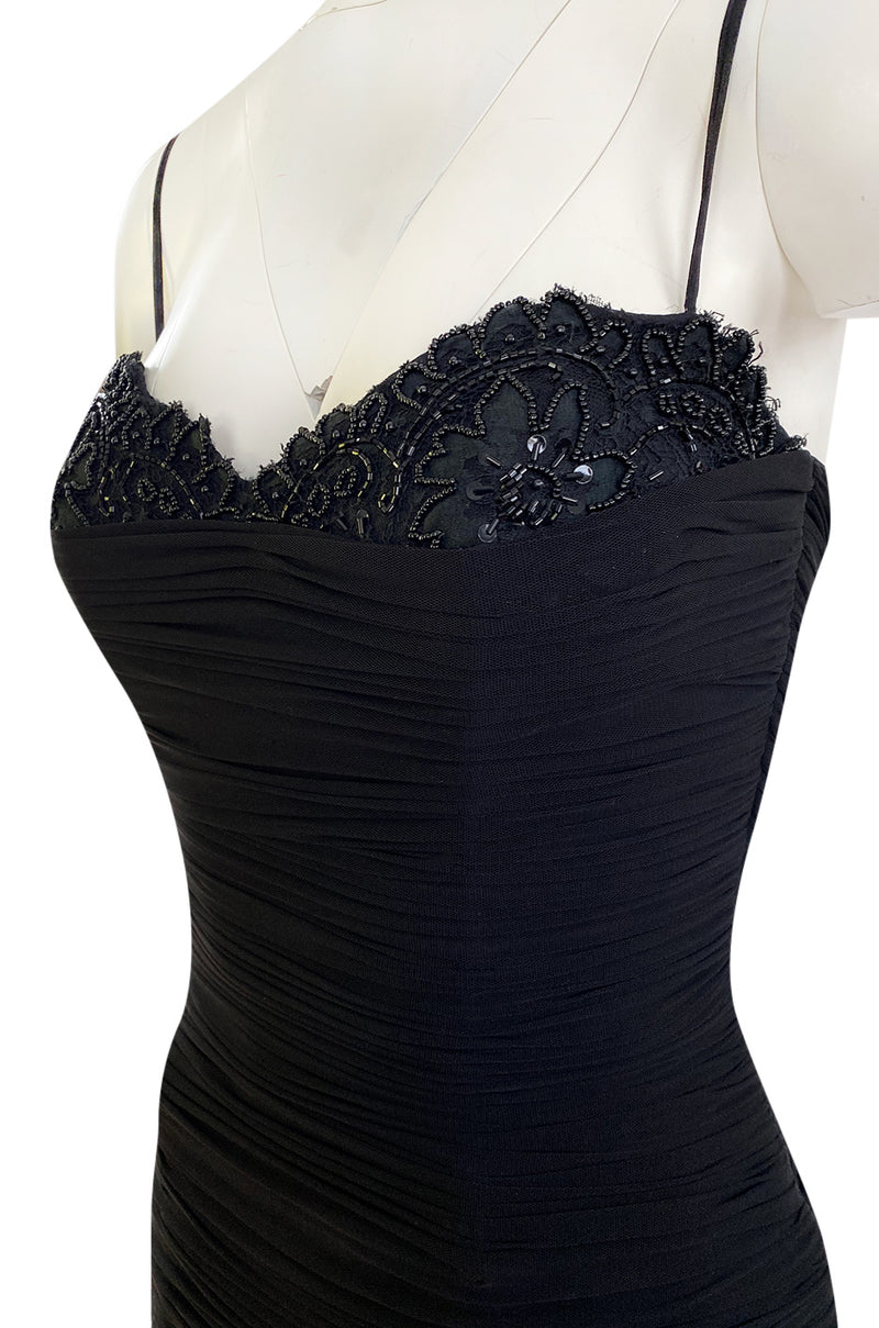 1980s Vicky Tiel Couture 'Kaimak' Gathered Black Net Fitted Dress w Beading Detailing