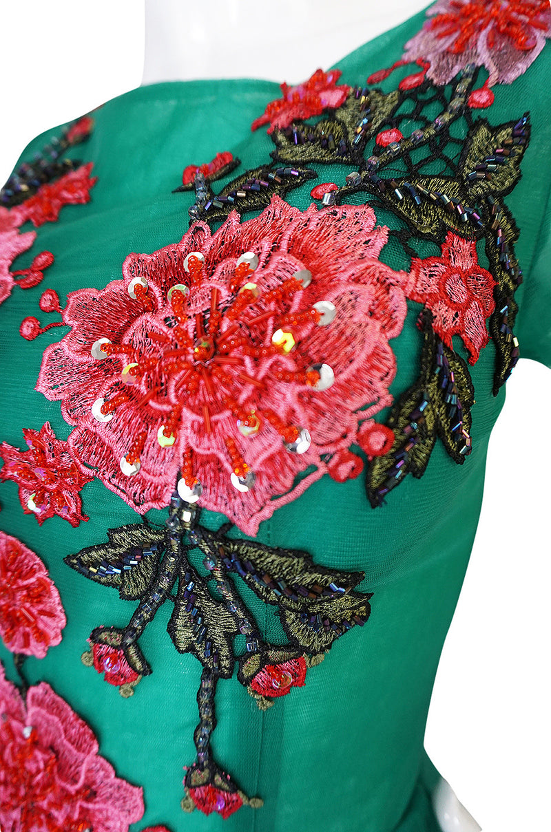 Vintage Trained Emerald Green Lace Tulle Gown w Floral Applique