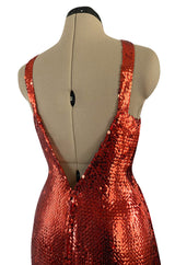 Remarkable Spring 1976 Pierre Cardin Couture Red Sequin Halter Dress w Low Full Skirt Hem
