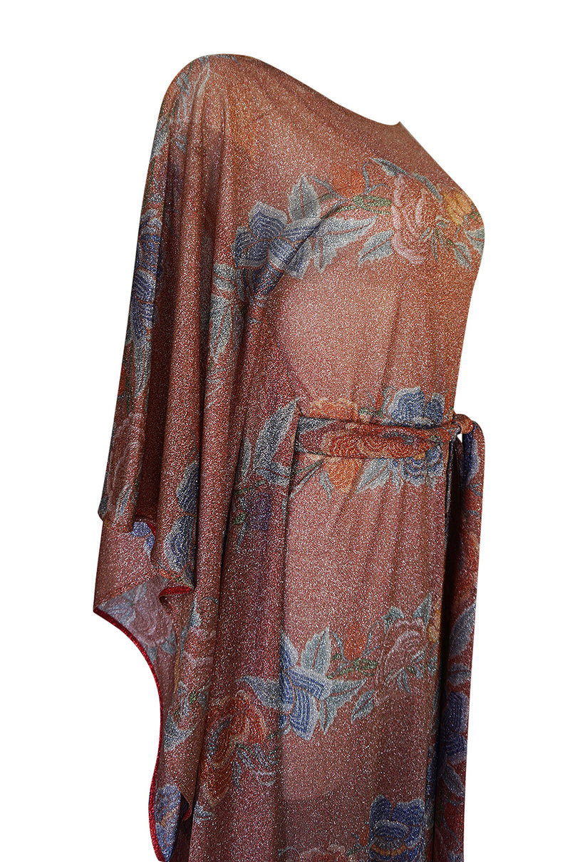 Iconic c.1972-73 Missoni Floral Print Metallic Lurex Caftan Dress