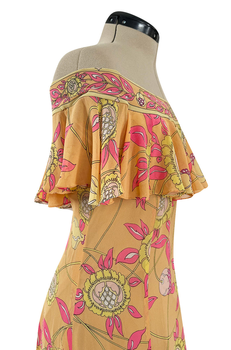 Prettiest 1960s Emilio Pucci Pink & Yellow Print on Peach Silk Chiffon Ruffled Off Shoulder Dress