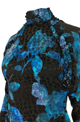 1970s James Galanos Backless Blue Floral Print Ruffled Silk Dress