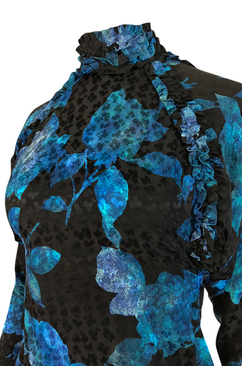 1970s James Galanos Backless Blue Floral Print Ruffled Silk Dress