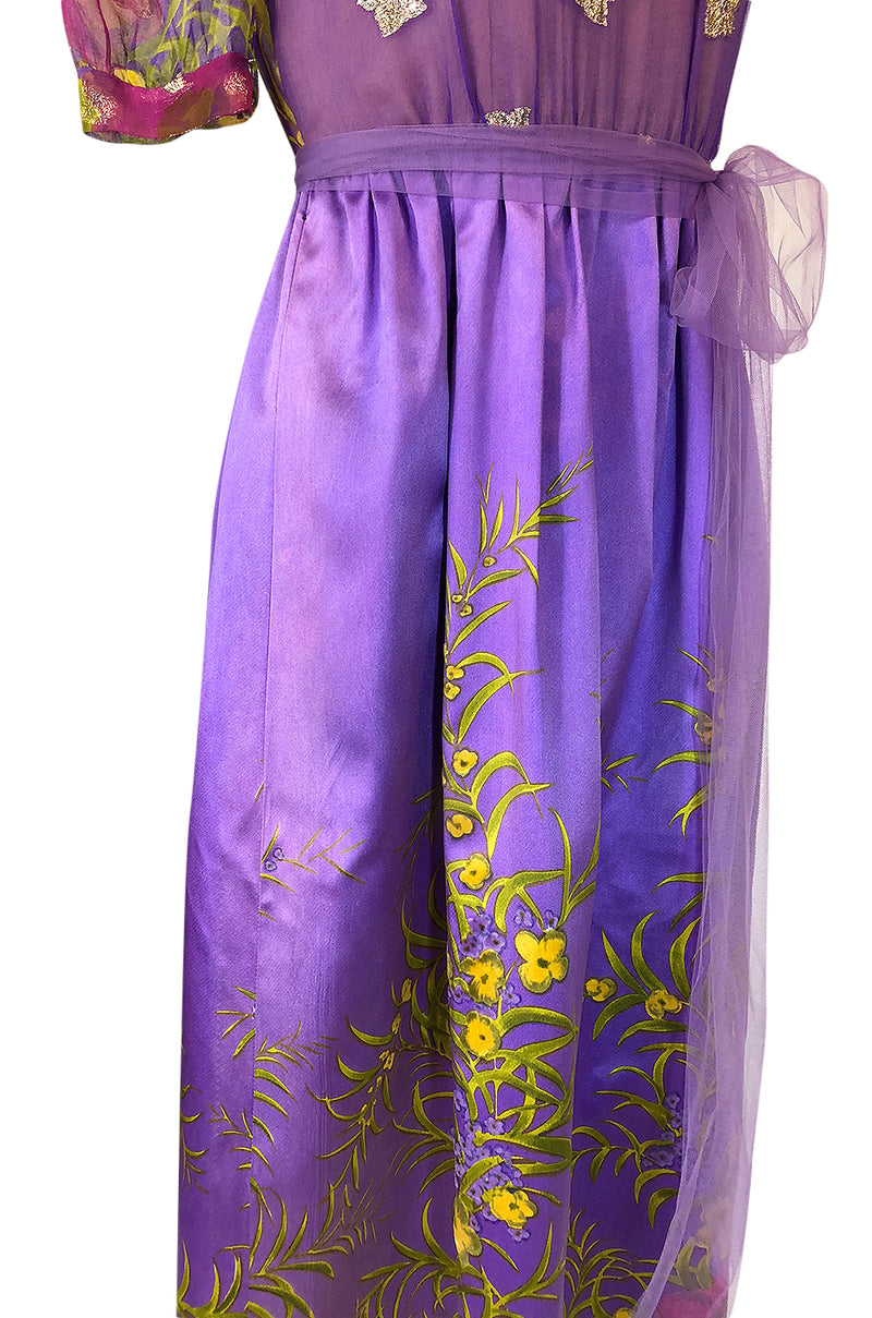 1960s Oscar de la Renta Prettiest Painted Floral Silk & Metallic Dress