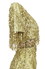 1991 Bob Mackie Gold Sequin Dangle Thread on Metallic Lace Mini Dress