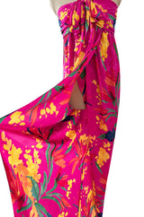 1980s Oscar de la Renta Vivid Pink Silk Wrap Strapless Dress w A Bright Floral Print