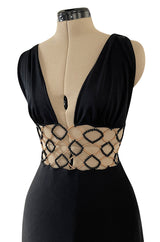 Incredible 1970s Loris Azzaro Open Gold & Black Bead Waist Dress w Halter Top & Bare Back