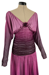 Stunning 1970s Bill Gibb Deep Purple Fuchsia Silk Chiffon & Glitter Dress w Deep Front & Back Plunge