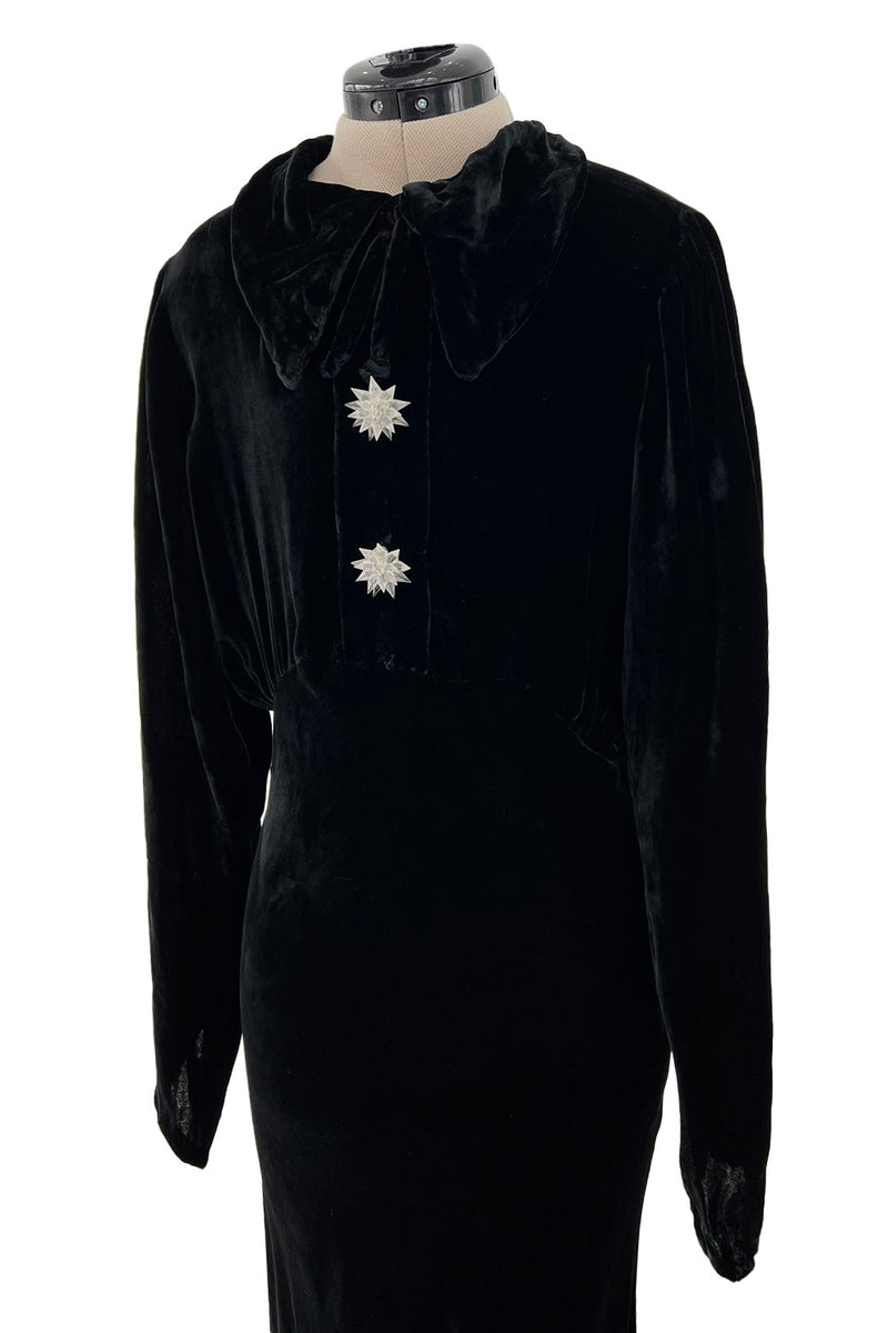 Gorgeous 1930s Bias Cut Black Silk Velvet Dress w Incredible 3D Star B Shrimpton Couture Gorgeous 1930s Bias Cut Black Silk Velvet Dress w Incredible 3D Star B Shrimpton Couture