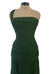 Spectacular Late 1970s Galanos Moss Green Silk Chiffon Car Wash Hem Dress w Draped Shoulder Panel