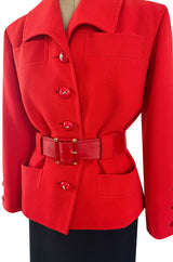 1980s Ady Couture Lausanne Red Belted Box Jacket & Long Black Skirt Suit Set