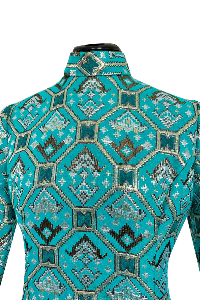 Gorgeous 1970s Mollie Parnis Turquoise Dress w Metallic Gold & Silver Detailing