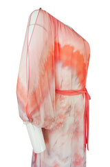 1970s Lillie Rubin Pink & Cream Tie Dye Silk Chiffon Dress