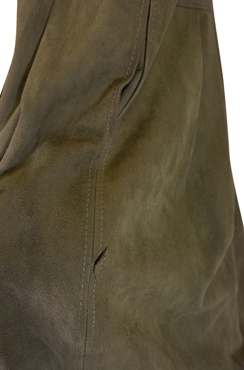 1970s Jean Muir Billowing Sleeve Perforated Olive Suede Dress