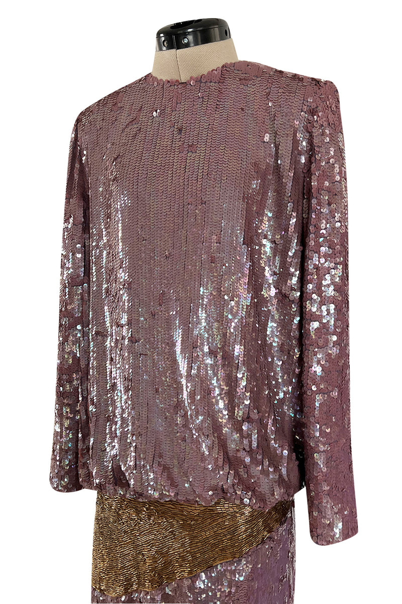 Documented 1982 Bill Blass Sequin & Beaded Dusty Purple, Gold & Silver Dress