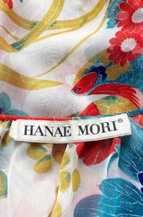 1970s Hanae Mori Silk Chiffon Jacket w Huge Bright Floral and Parrot Print