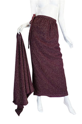 1970s Wine Knit Lanvin Skirt and Multi Tie Wrap Top
