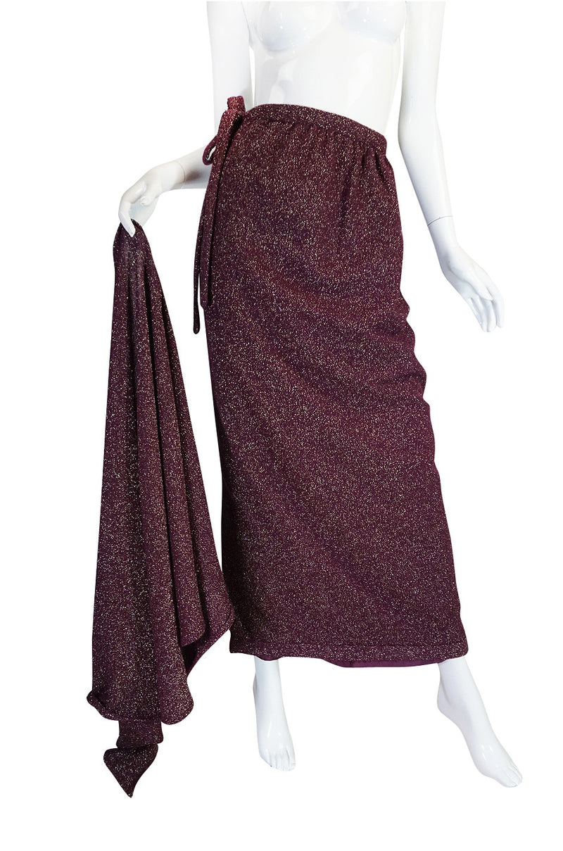 1970s Wine Knit Lanvin Skirt and Multi Tie Wrap Top
