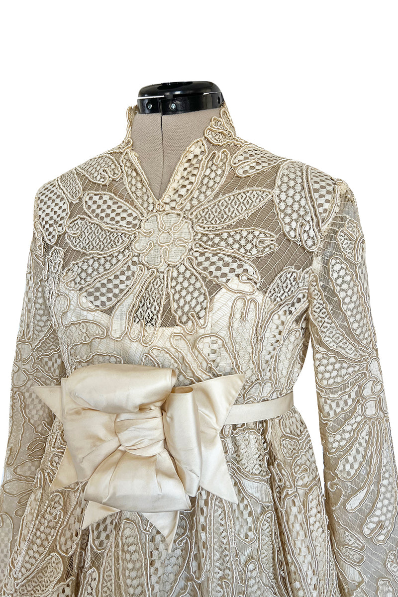 Extraordinary 1960s Donald Brooks Couture Ivory Net Lace & Silk Cord Babydoll Dress