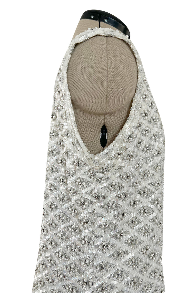 Fabulous 1960s Madeleine de Rauch Haute Couture Pearl White Sequin & Rhinestone Dress