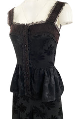 Rare 1970s Mary Quant Black Silk Floral Weave Maxi Dress w Peplum & Ruffled Hem
