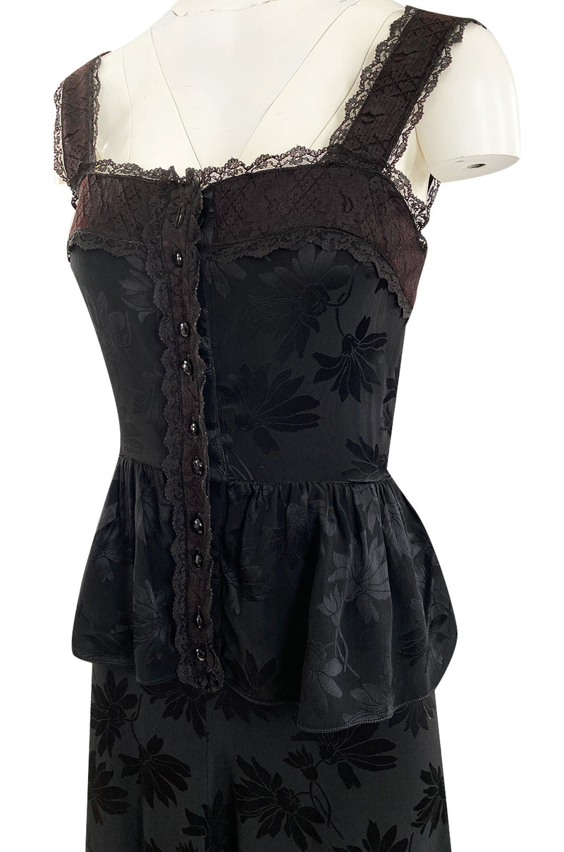 Rare 1970s Mary Quant Black Silk Floral Weave Maxi Dress w Peplum & Ruffled Hem